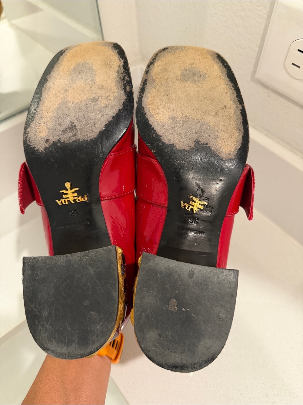 Prada Red Patent Leather Loafers with Gold Medallion - Picture 5 of 8